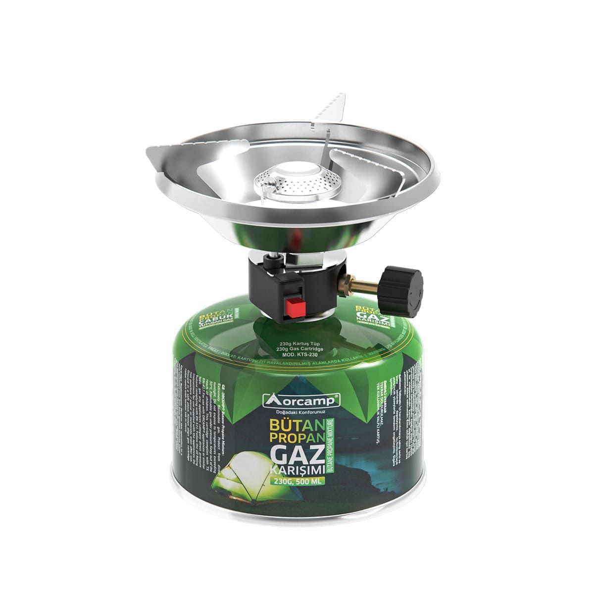 Orcamp çakmaklı rüzgarlıklı ocak ve 230 gr tüp seti
